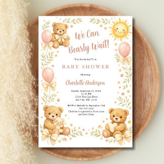 Invitation Girls Teddy Bear We Can Bearly Wait Baby Shower