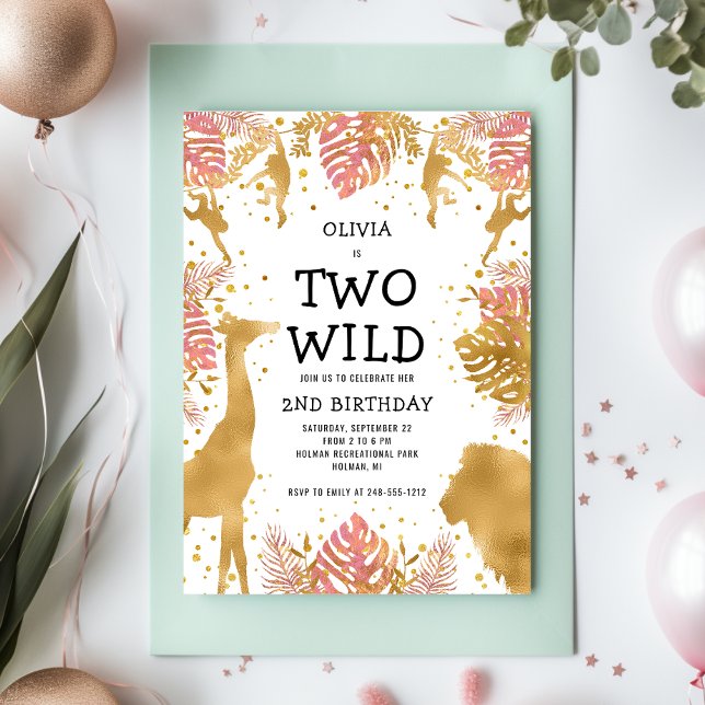 Invitation Girls Two Wild 2e Anniversaire Pink Gold Safari (Créateur téléchargé)