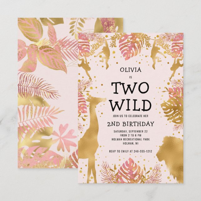 Invitation Girls Two Wild 2e Anniversaire Pink Jungle Safari (Devant / Derrière)
