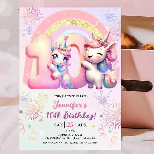 Invitation Girls Unicorn Magical Rainbow 10th Birthday Party (#UnicornBirthdayInvitation #UnicornBirthdayInvitationTemplate #UnicornBirthdayInvitationEditable 
)