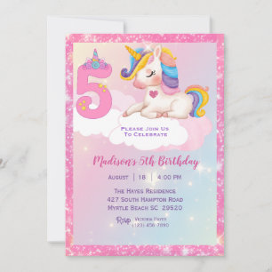 Invitation Girls Unicorn Rainbow Parties scintillant 5e fête 