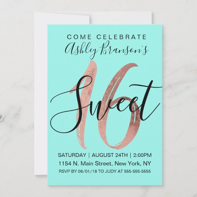 Invitation Girly Aqua Turquoise Rose Gold Foil Sweet 16 (Devant)