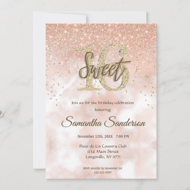 Invitation Girly Blush Rose Gold Pailletés Étincelle Sweet 16 (Devant)
