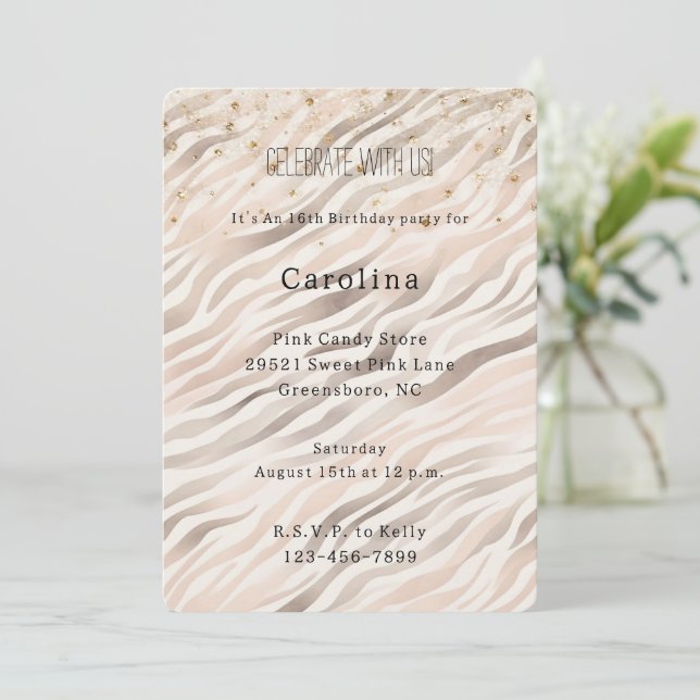 Invitation Girly Blush Zebra Gold Confetti Sparkle Birthday (Debout devant)