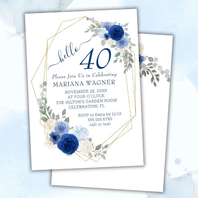 Invitation Girly Chic Navy Blue Floral 40e anniversaire (Créateur téléchargé)