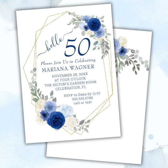 Invitation Girly Chic Navy Blue Floral 50e anniversaire (Créateur téléchargé)