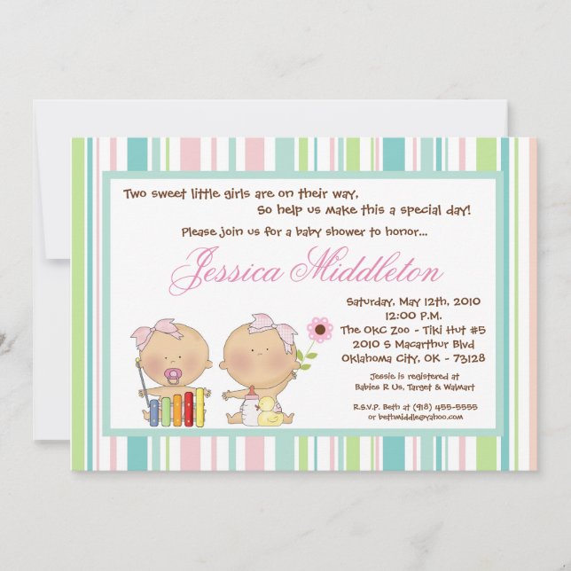 invitation Girly de baby shower de filles JUMELLES (Devant)