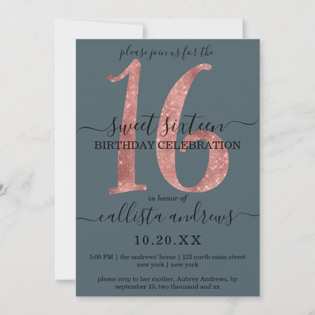 Invitation Girly Faux Rose Gold Dusty Blue Parties scintillan (Devant)