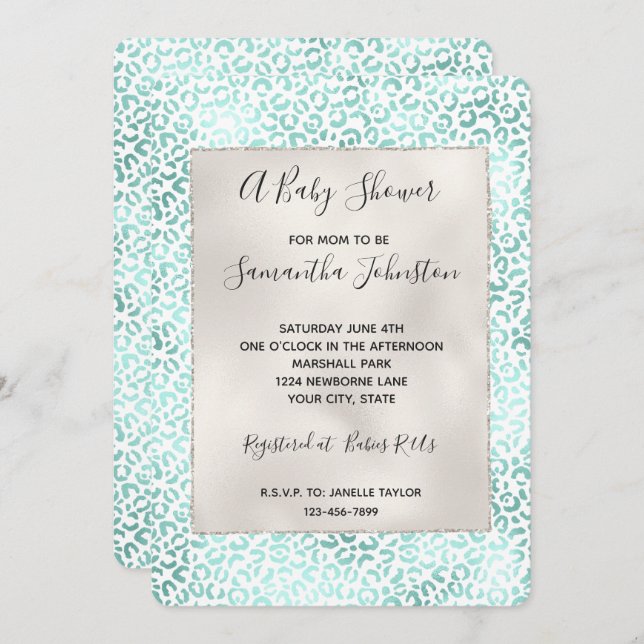 Invitation Girly Glam Mint Empreinte de léopard (Devant / Derrière)