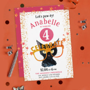 Invitation Girly Glittery Rose Orange Patte de Chat Fête Aqua