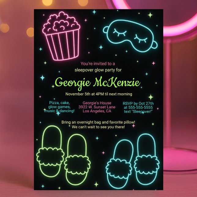 INVITATION GIRLY GLOW SLEEPOVER NEON PAJAMA PARTY (GIRLY GLOW SLEEPOVER NEON PAJAMA PARTY INVITATION)
