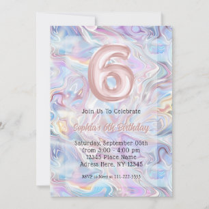 Invitation Girly Holographic Marble Swirl 6e anniversaire