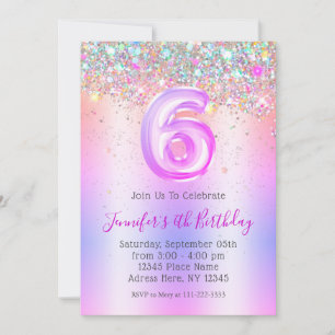 Invitation Girly Holographic Parties scintillant 6e Anniversa