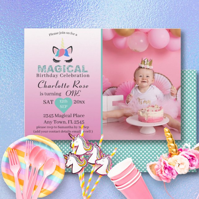 Invitation Girly Magic Unicorn rose 1er anniversaire (Créateur téléchargé)