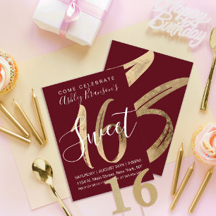 Invitation Girly Modern Gold Foil Bourgogne Red Sweet 16