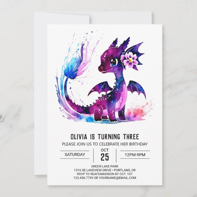 Invitation Girly Pastel Dragon Digital Girl Birthday (Devant)