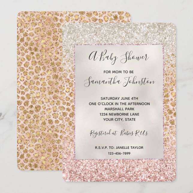 Invitation Girly Peach Gold Empreinte de léopard Parties scin (Devant / Derrière)