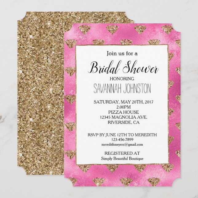 Invitation Girly Pink Parties scintillant Diamonds (Devant / Derrière)