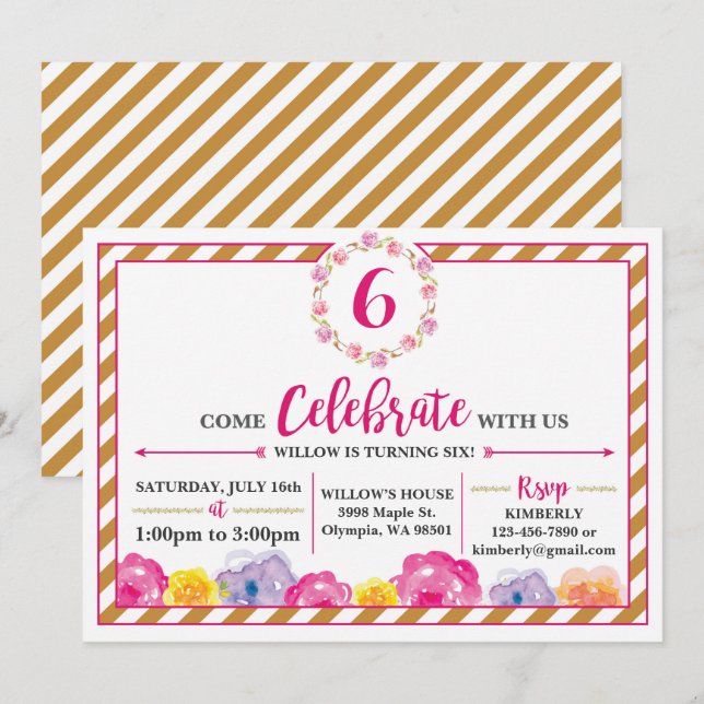 Invitation Girly rayée florale de fête (Devant / Derrière)