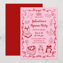 Girly Red Pink Hand Drawn Galentine's Pajama Party