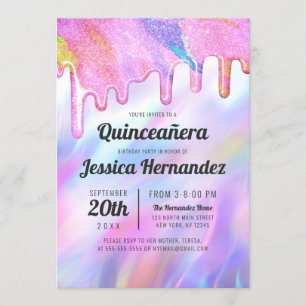 Invitation Girly Unicorn Holographic Parties scintillant Drip