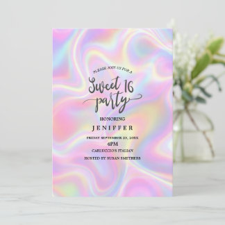 Invitation Girly Vibrant Pastel Holographic Swirl Design     