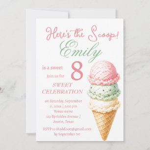 Invitation Glace 8ème Anniversaire Fille Rose Aquarelle