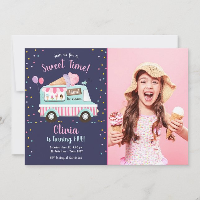 Invitation Glace Cream Camion Sweet Time Rose Girl Anniversai (Devant)