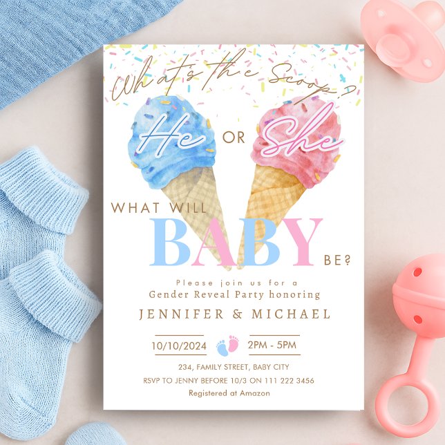 Invitation Glace Cream Genre Reveal Party What's the Scoop (Ice Cream Gender Reveal Party What's the Scoop Invitation)