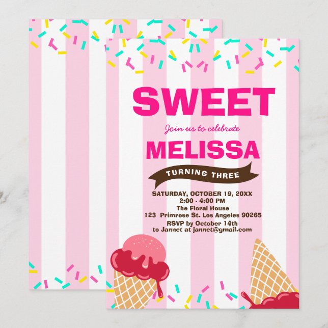 Invitation Glace Cream Sweet Baby Sprinkle Boutique de bonbon (Devant / Derrière)