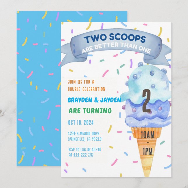 Invitation Glace Cream Twins Garçons Filles Deux Scoops Anniv (Devant / Derrière)