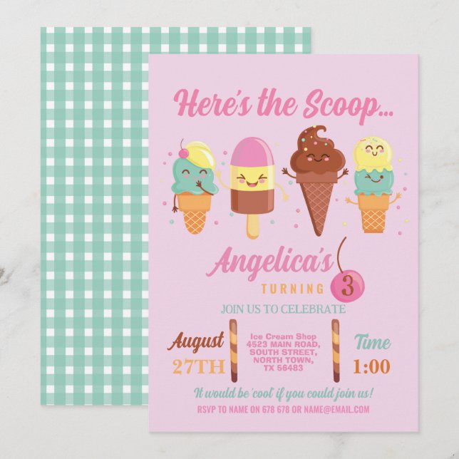 Invitation Glace Crème Cuillère Magasin Filles Mignonnes Suce (Devant / Derrière)