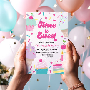 Invitation Glace et gâteau trois est doux 3e anniversaire