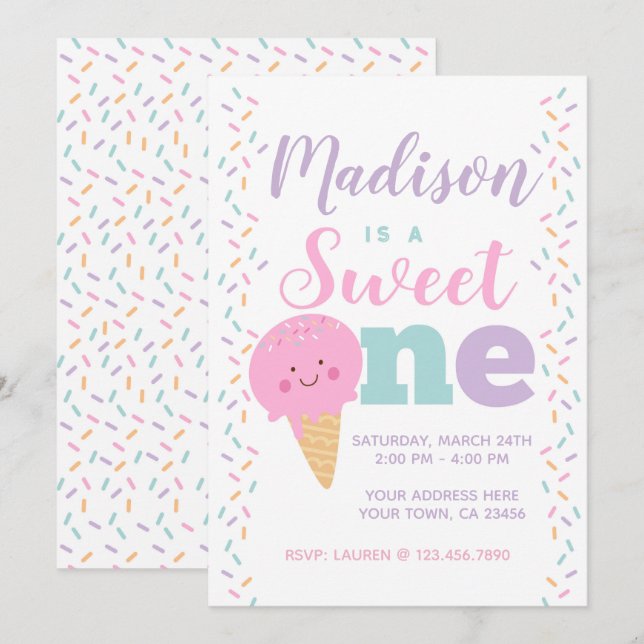 Invitation Glace, Sweet One, 1er anniversaire (Devant / Derrière)