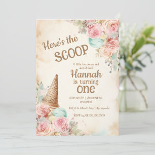 Invitation glace vintage m, fleurs et cône crème glacée