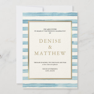 Invitation Glacier Lake Watercolor Stripe & Gold Letters 