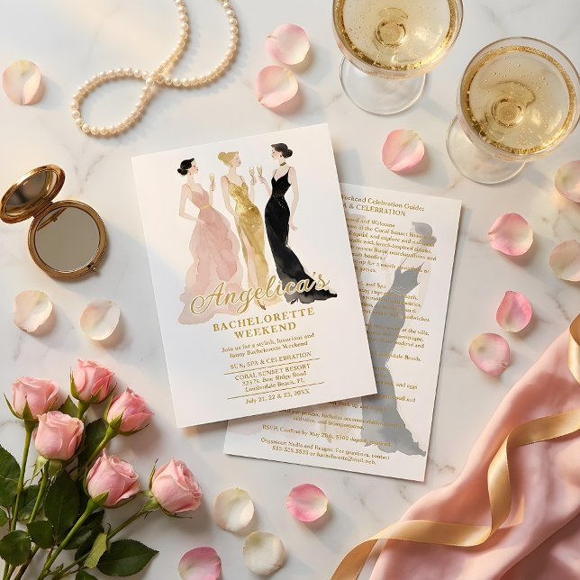 Invitation Glam 4 Women Elegant Evening Dresses Bachelorette (Glamorous Four Women in Elegant Evening Dresses Bachelorette Weekend Wedding Invitation Cards.)