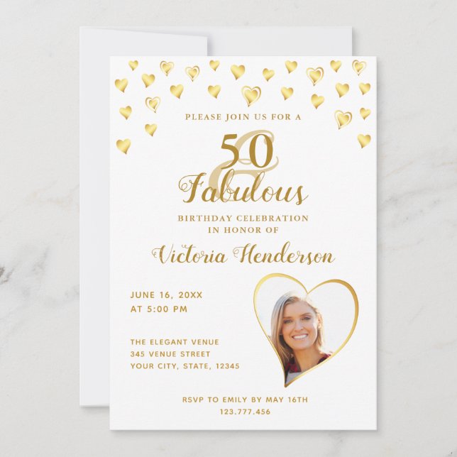 Invitation Glam 50 et Fabulous White and Gold Photo Anniversa (Devant)
