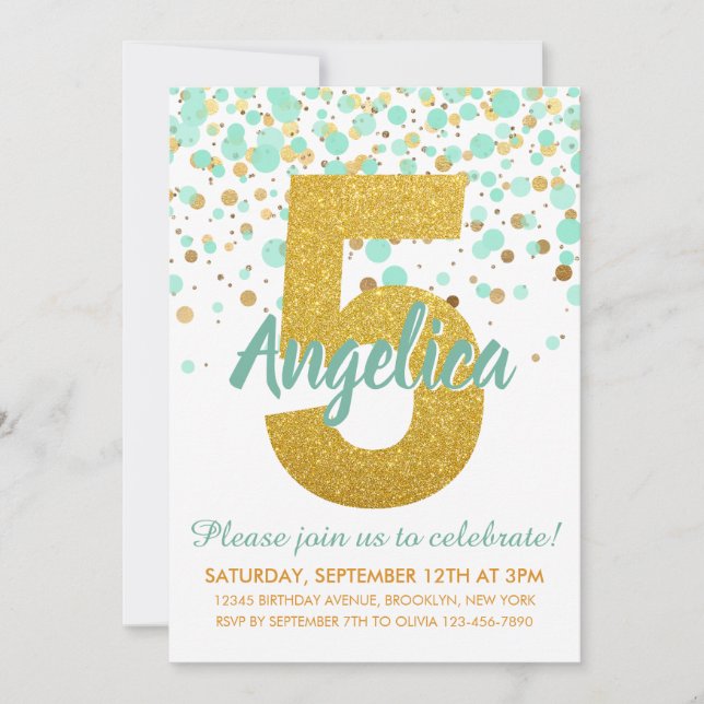 Invitation Glam 5e Anniversaire Monnaie verte Parties scintil (Devant)