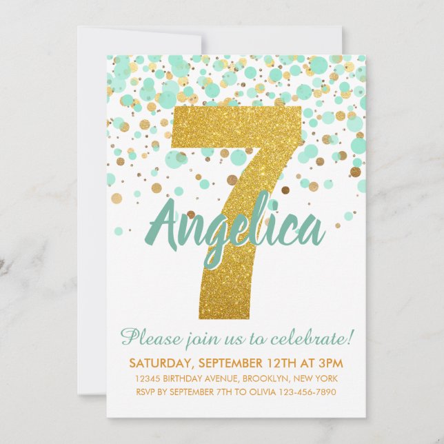 Invitation Glam 7e anniversaire Mint Green Gold Parties scint (Devant)