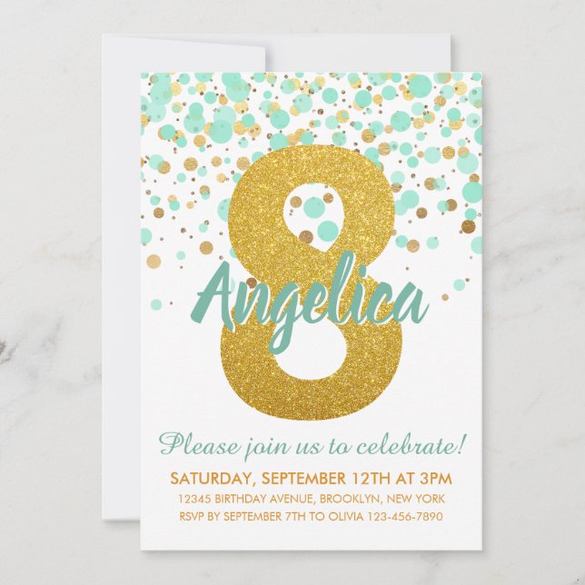 Invitation Glam 8e anniversaire Mint Green Gold Parties scint (Devant)