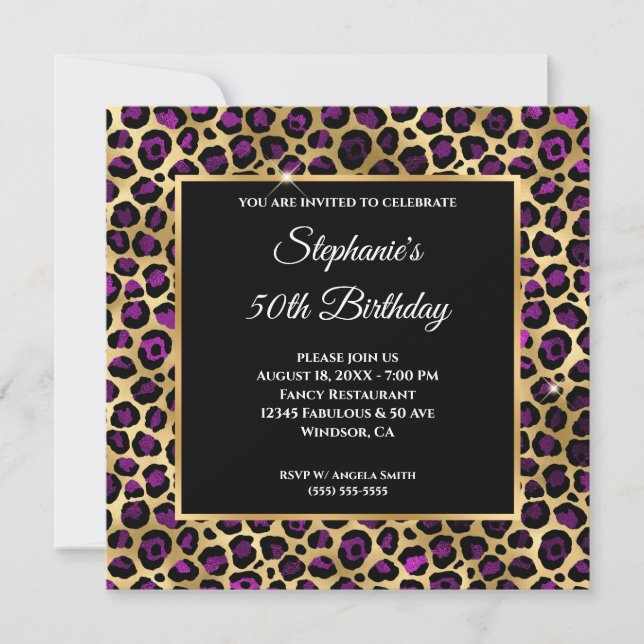 Invitation Glam à huile de léopard doré et violet 50e anniver (Devant)