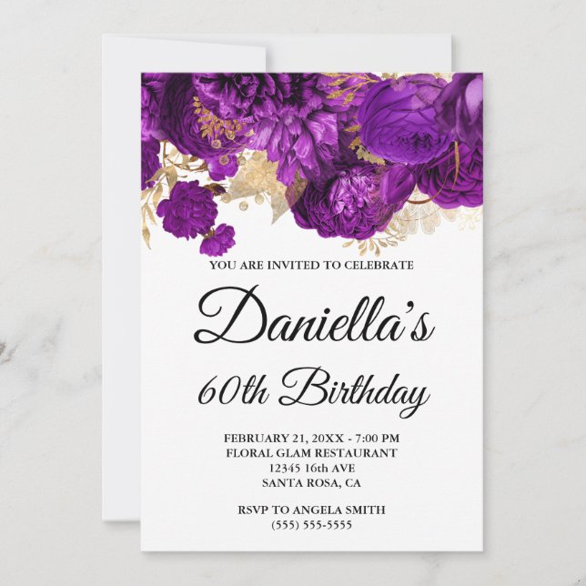 Invitation Glam à huile d'or de fleurs violettes 60e annivers (Devant)