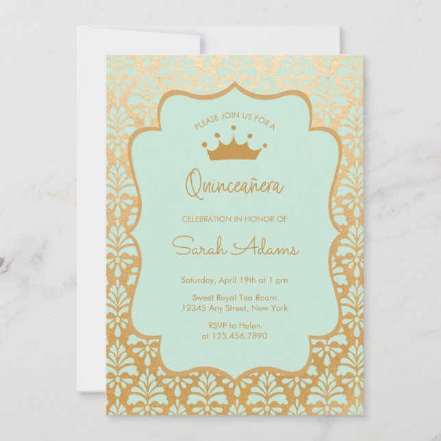 Invitation Glam à la menthe et or Damas Quinceanera moderne (Devant)