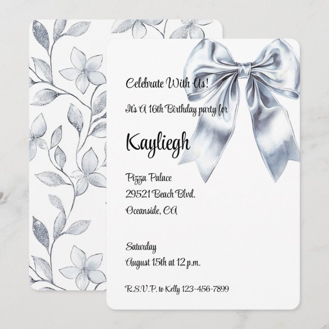 Invitation Glam Argent Bow Floral Anniversaire (Devant / Derrière)