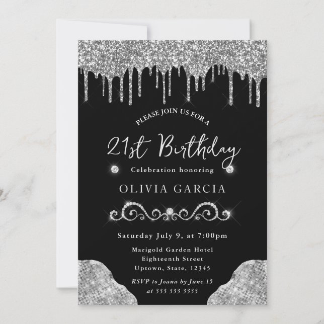 Invitation Glam Argent Paillettes qui dégoulinent 21e Anniver (Devant)