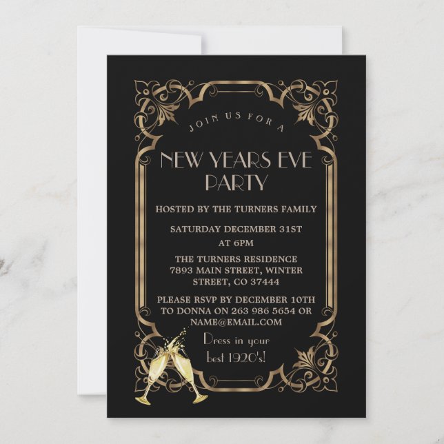 Invitation Glam Art Déco Black Gold 20s New Years Eve Party (Devant)
