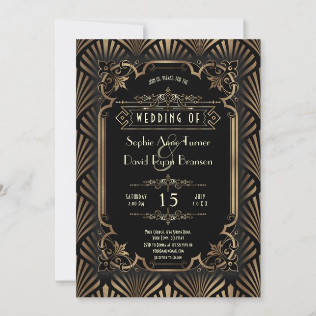 Invitation Glam Art Déco Gold Black Gatsby 20s Style Mariage (Devant)