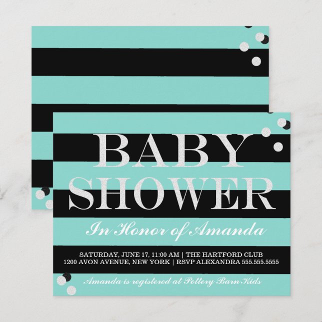 Invitation Glam BABY Turquoise Blue & Silver Shower Party (Devant / Derrière)