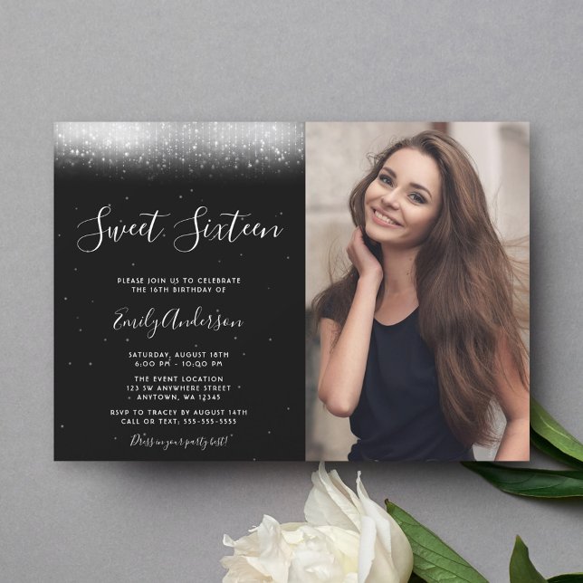 Invitation Glam Black and White Sweet 16 Photo (Créateur téléchargé)